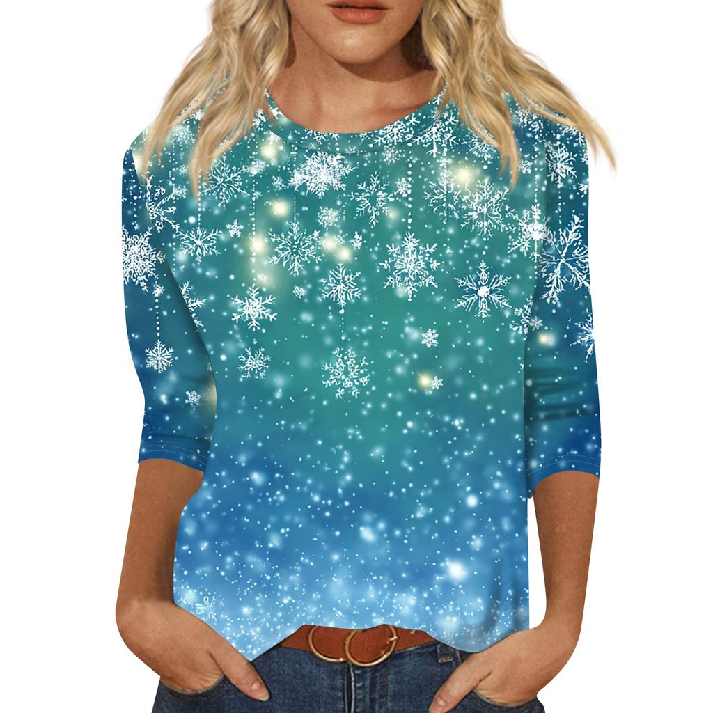 Women's Fashion Casual Christmas Tree Printed Round Neck Three-Quarter Sleeve T-Shirt Top