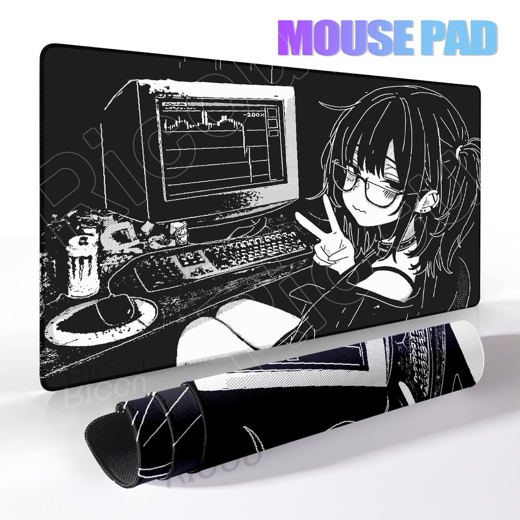 Podložka pod myš pro anime dívku XXL Pixel Černobílá Podložka pod myš Dekorace stolu Podložka na klávesnici Kancelářské potřeby XXL Podložka na PC stůl E-sportový koberec