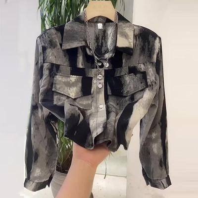 Ink Tie Dyed Long Sleeved Short Shirt for Women's Korean Autumn Loose Versatile Short Coat Top