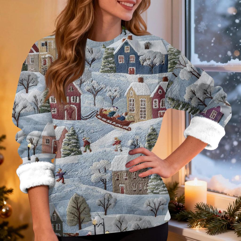 Women's Fashion Casual Long Sleeve Christmas Printed Round Neck Top Sweatshirt