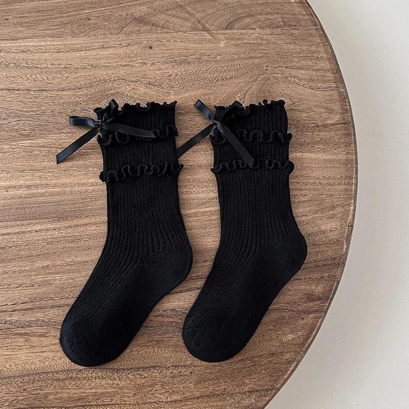 Girls Sweet Cute Ruffle Lace Bows Socks Korean Princess Socks for Children White Black Bow Toddler Cotton Lolita Ankle Socks