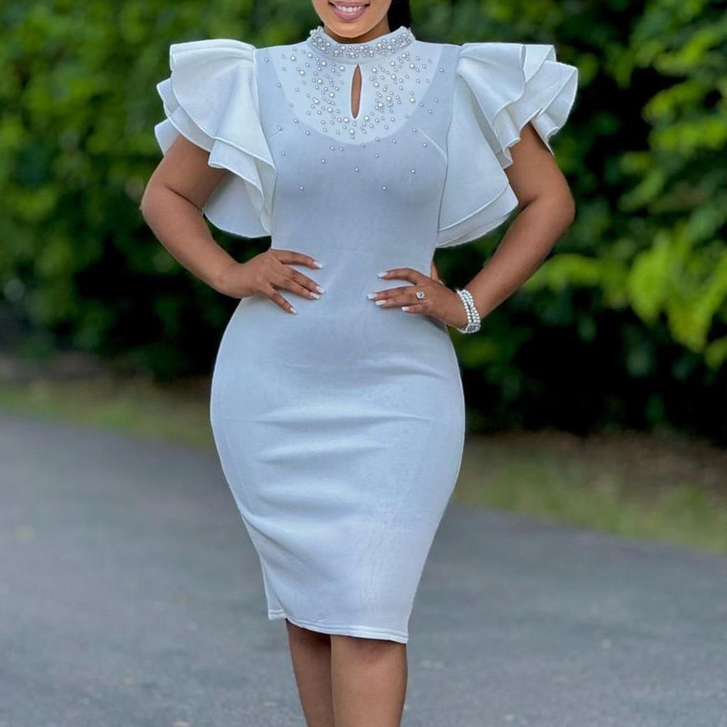 D560 Women's Sexy Beaded Lotus Sleeve Party Dress - 2025 Fashion African Style