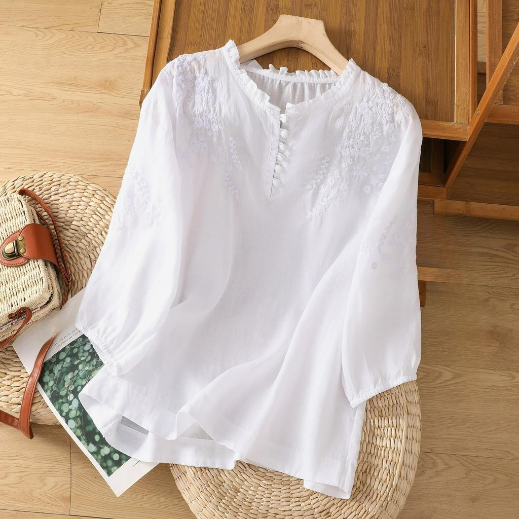 Kurzarm-T-Shirt Damen Bestickte Spitze Dünnes Baumwoll- und Leinenhemd Top