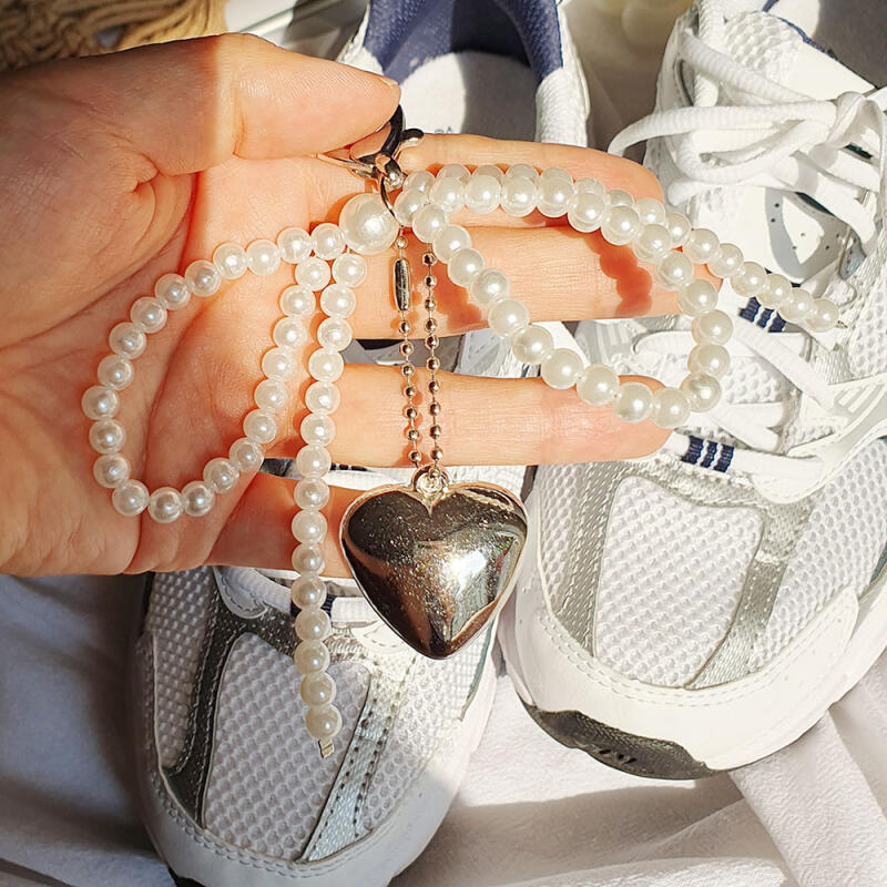 Pearl Heart Ribbon Silver Metal Keychain