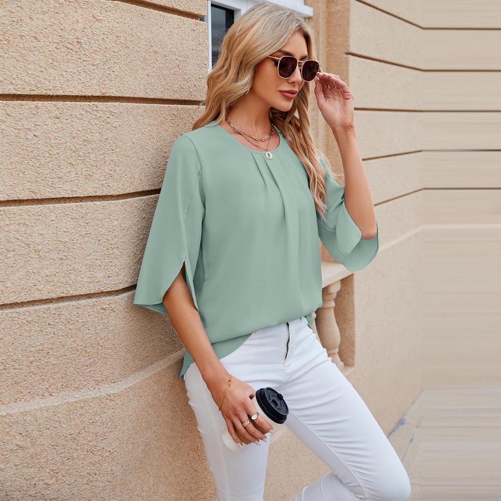 2024 Women's Loose Chiffon Short Sleeve Blouse - Solid Color, Round Neck, Five-Point Sleeves