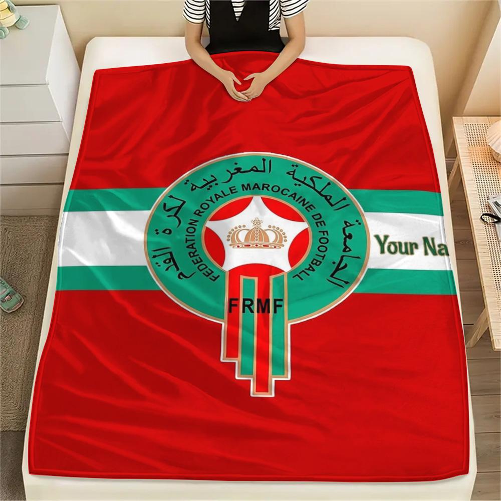 1PC Moroccan Football Crest Custom Name Patterned Flannel Blanket Suitable For All Seasons For Home Decor Warmth And Comfort Gifts Holiday Present
