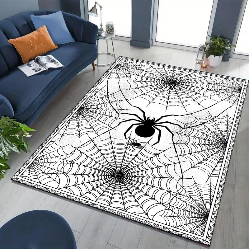 Spider Web Rug Gothic Black and White Stripe Area Rug, Goth Spider Carpet, Soft Non Slip Washable Large Rugs for Gothic Door MaT