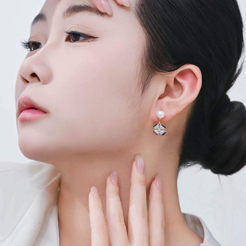 Chinese Enamel Freesia Pearl Tassel Earrings - Four-Leaf Clover Silver Studs for Women