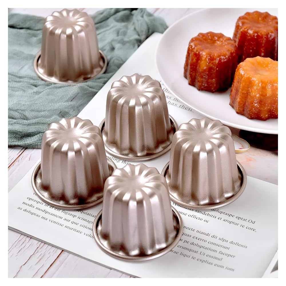 10-Piece Carbon Steel Cake and Canelé Molds, Kitchen Baking Tools, Small Pastry Molds (Gold)