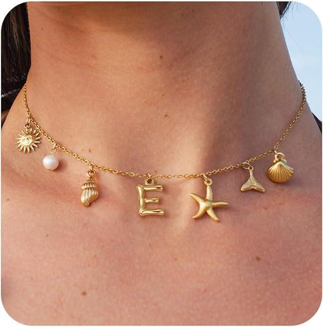 New Surfer Girl Necklace Beach Jewelry Initial Necklace for Girlfriend Seashell Letter Choker Starfish Accessories