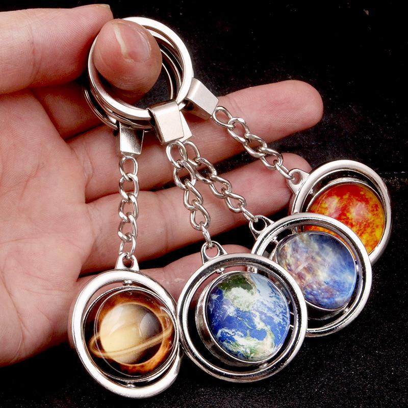 Rotating Saturn & Planets Crystal Keychain with Luminous Sun & Moon