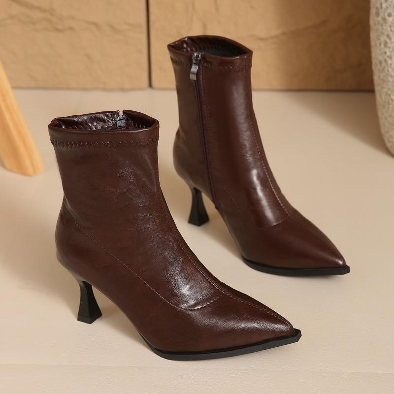 2026 New Autumn Winter Women Ankle Boots 22-24.5cm Elastic Fabric Pointed Toe  Short Boots High Heel Back Zip Skinny Boots