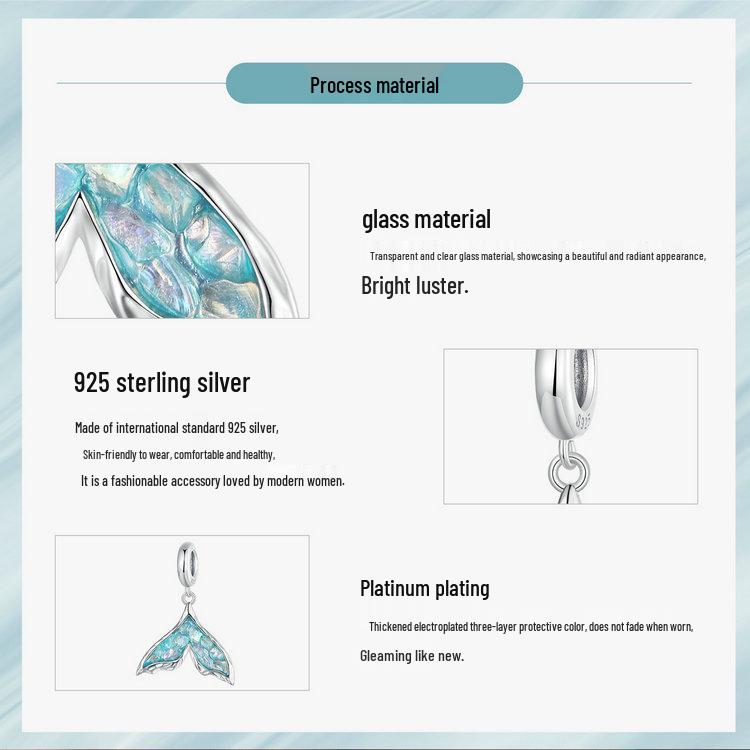 Exquisite Fantasy Blue Fishtail S925 Sterling Silver Pendant Charm for DIY Bracelet