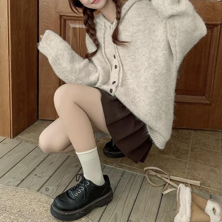 Autumn and Winter Cardigan Jacket Loose Solid Color Hooded Knit Sweater Top for Women