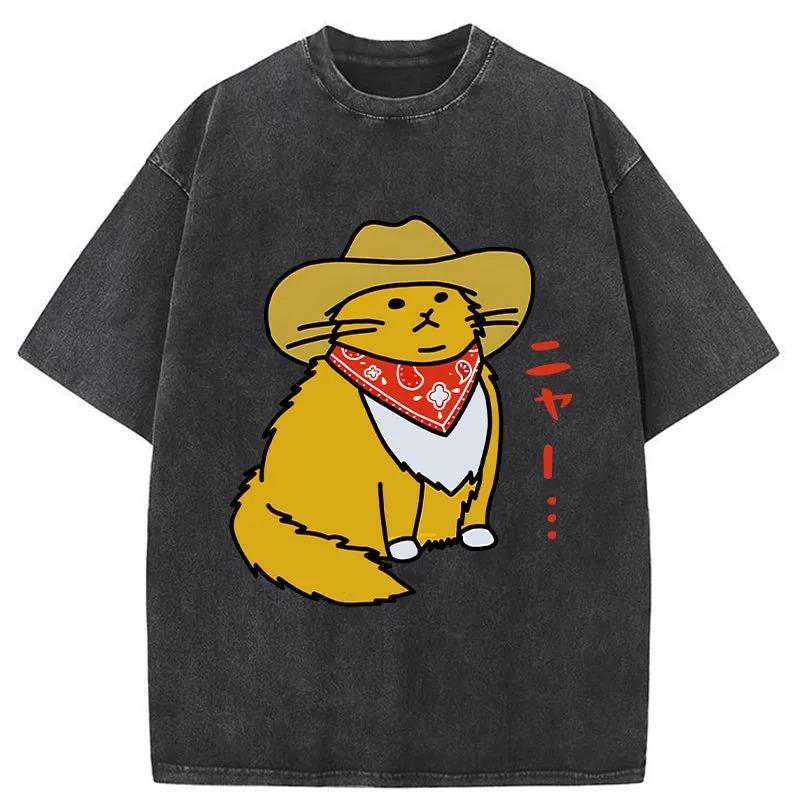 Casual Loose Cotton T-shirt Fashion Cat Wearing A Cowboy Hat Washed Tees Summer Harajuku Funny Chic Tunics Unisex