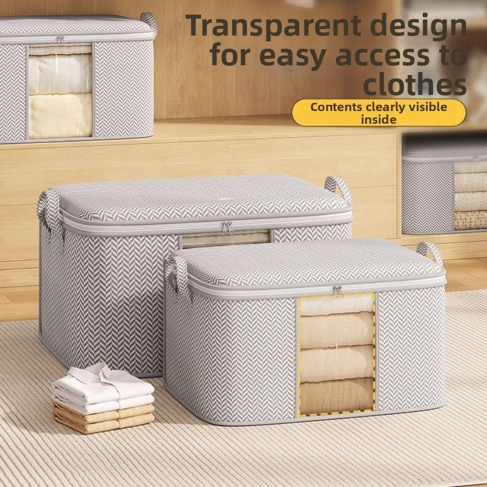 Non-woven Clothes Storage Bag Visible Dustproof Quilt Storage Bag Fishbone Pattern Foldable Storage Box