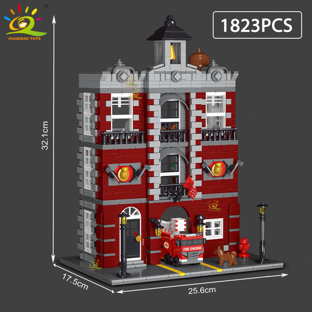 

Non-Toxic 1823Pcs Moc Fire Station With Fire Truck Model Building Blocks Street View Brick City Educational Toy For Children Gift with box