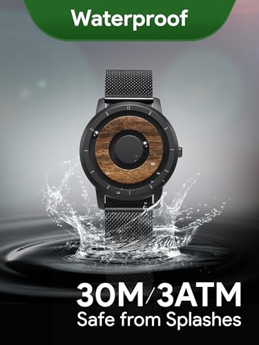 EUTOUR Men's Wooden Magnetic Watch, Fashionable Sports Quartz Watch with Black Dial and Black Stainless Steel Band, Mesh Strap