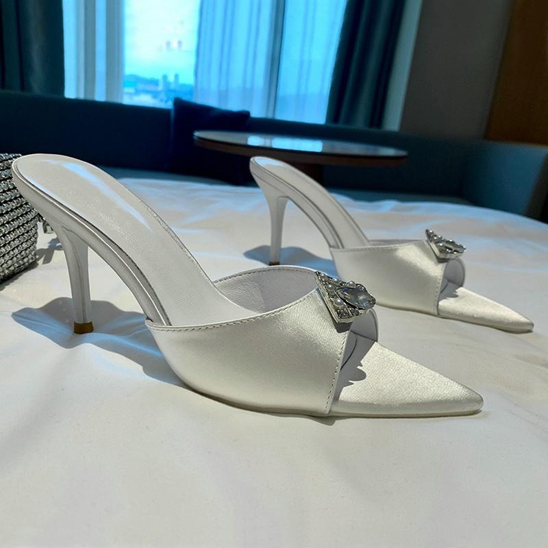 Fashion 2025 New Pointy Sexy Slippers For Women Wearing Satin Rhinester Fairy Wind Fine Heels With A Line Belt High Heels
