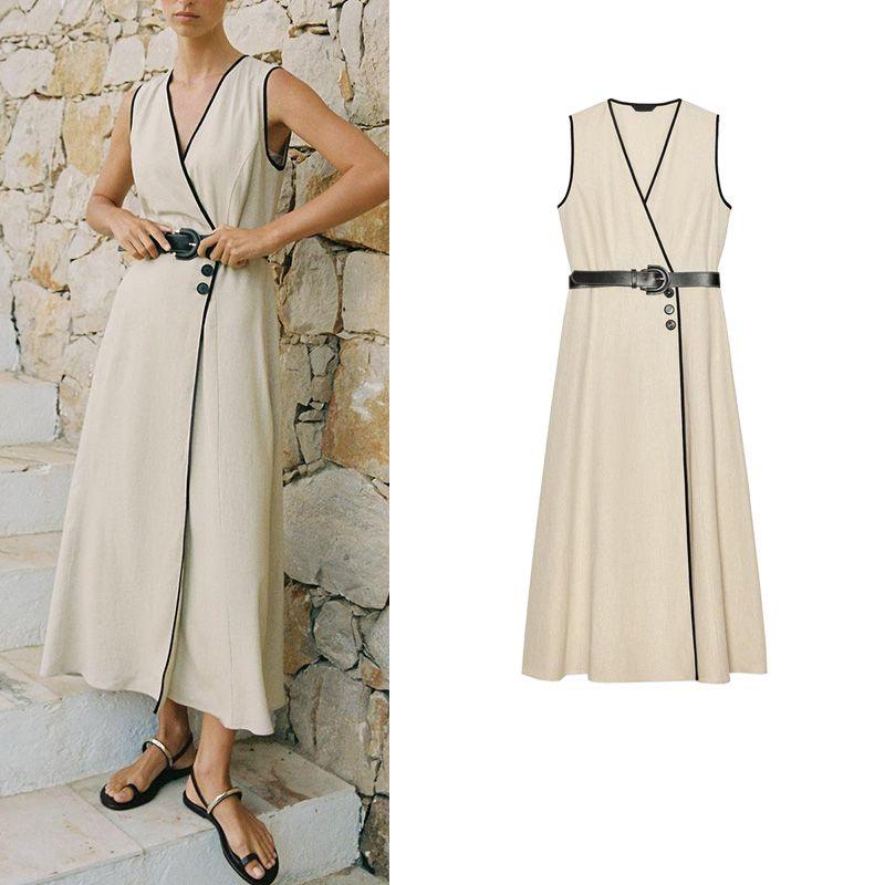 Summer New Product Women's Clothes French Contrast Color Trim Double Breasted V Neck with Belt Midi Skirt Dress 3655939