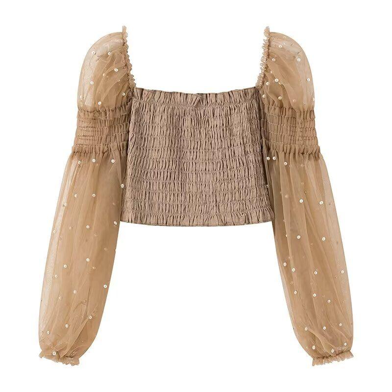 

Kaslead New Arrival Women s Clothing Fashion Style Fashion All-Match Casual Minimalist Beaded Mesh Long Sleeves Tops Khaki L