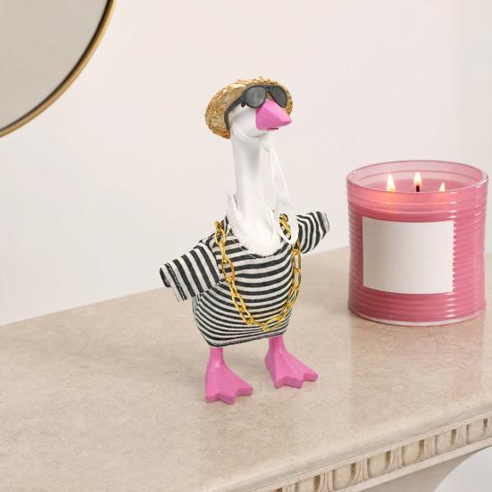 Porch Goose Costumes for 7 Inch Goose Statue, Striped Sweater Straw Hat Sunglasses Chain Set, Easy To Wear Soft Fabric Outdoor Decor Accessories