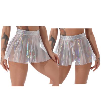 Ladies Glossy Shiny Flared Skirt See Through High Waist Zipper Back Miniskirt Clubwear Night Out