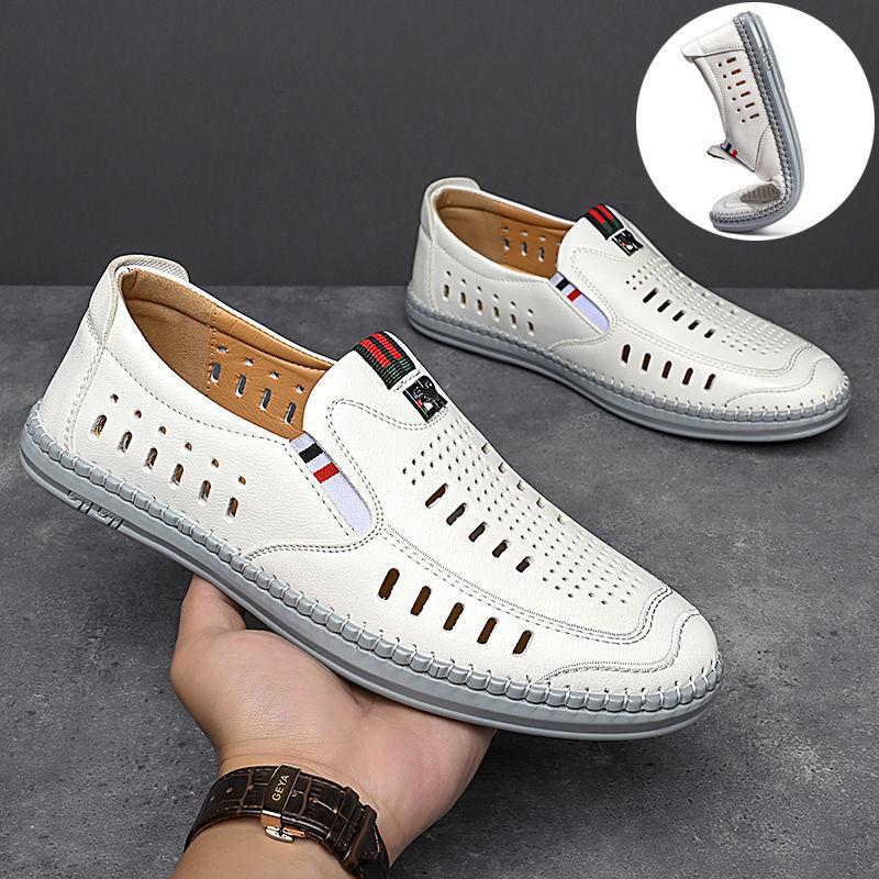 Herren-Sandalen Sommer Neu Weiß Hohlleder Schuhe Atmungsaktive Leder-Sandalen Herren Weichsohlige Freizeit Lochschuhe