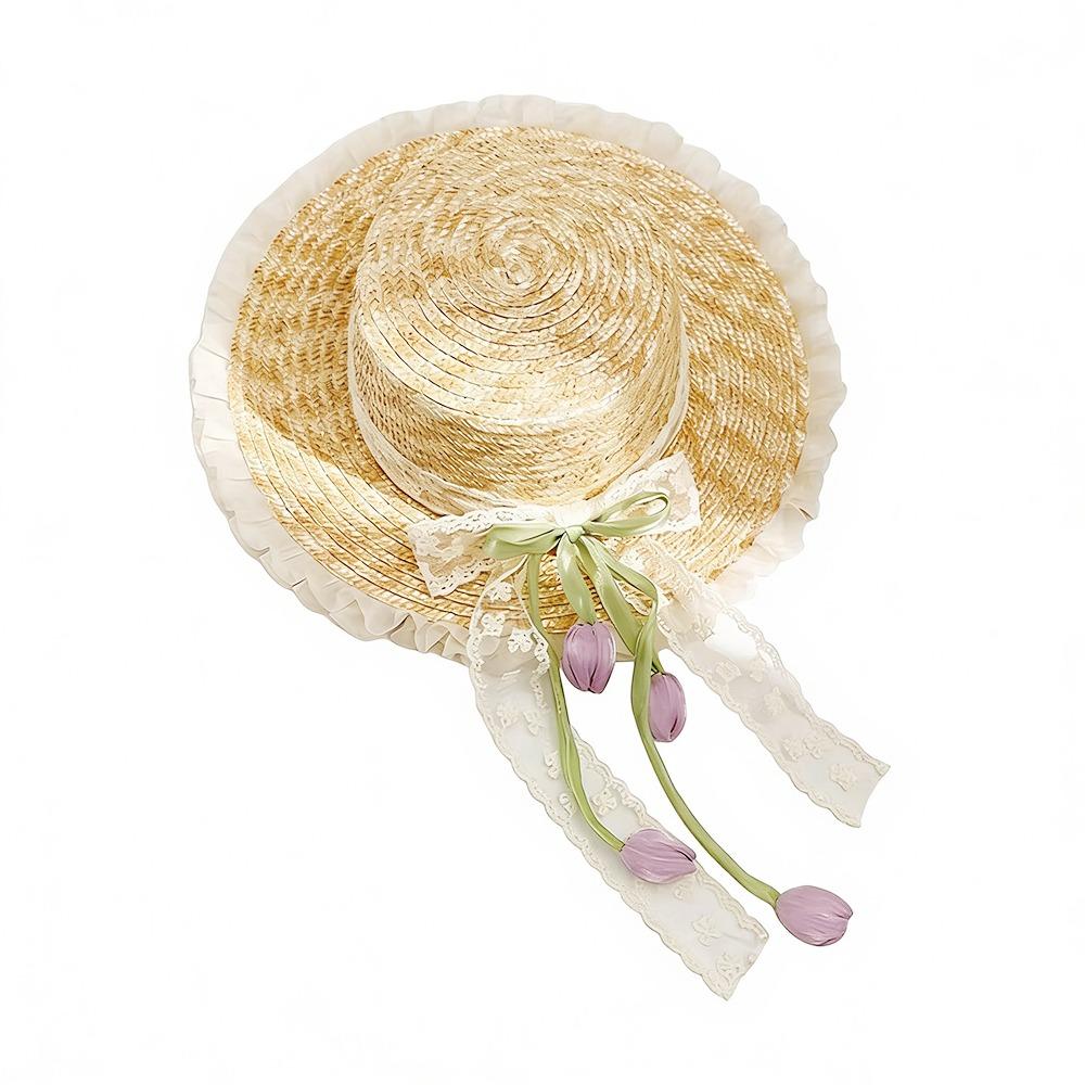 Sweet Lightweight Straw Hat Lace Bow Woven Straw Sun Hat Flat Top Breathable Beach Hat Summer