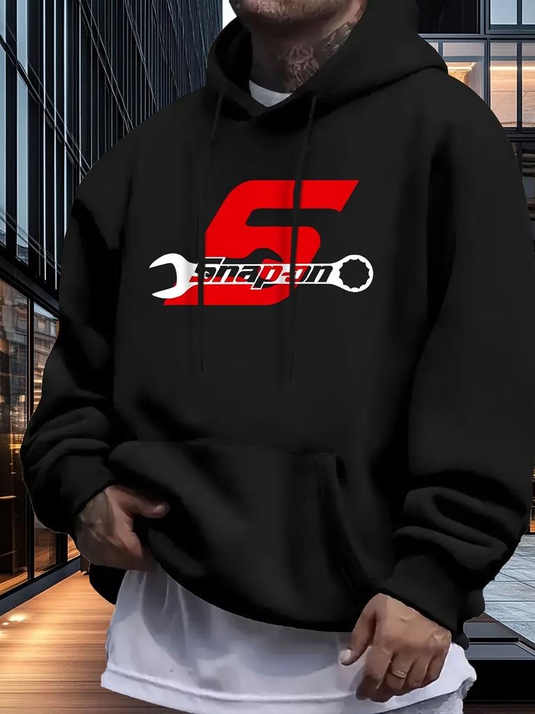 Casual Graphic Print hoodie Sweatshirt - Black with Red '6' & Wrench Design