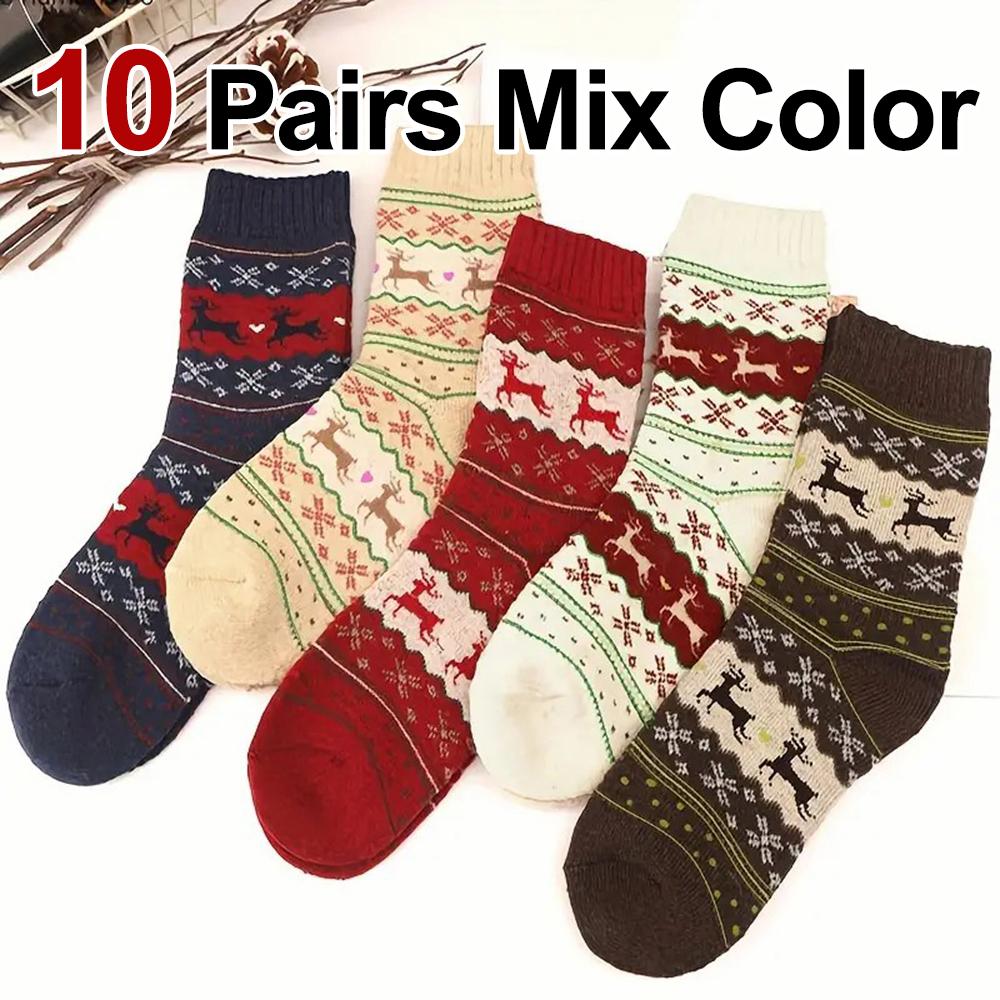 5/10 Pairs Autumn/Winter Thick Reindeer Printed Women Mid Tube Socks Warm Comfortable Suitable as Christmas Gifts Casual Socks