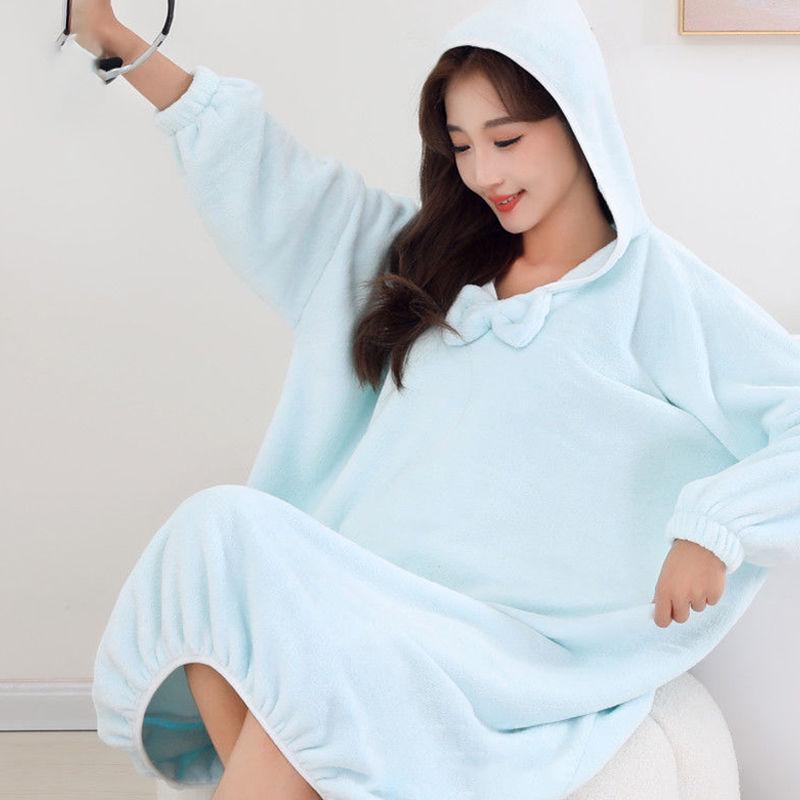 Morandi Color Fleece Hooded Bathrobe - Long Sleeve, Cozy, Warm Student Homewear