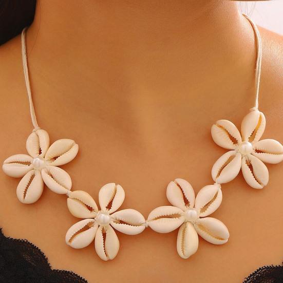 Natural Seashell Flower Jewelry Set Handmade Shell Necklace Earrings with Faux Pearl Accents Beach Vacation Casual Gift for Coastal Lovers
