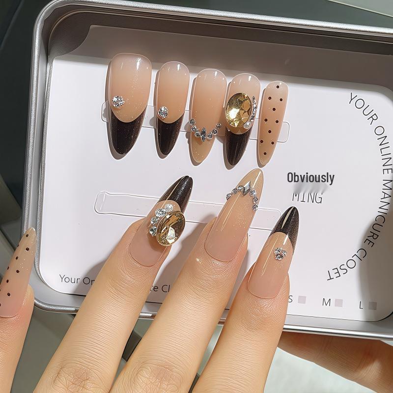 Pure Handmade Polka Dot Champagne Dove Egg Diamond Manicure Set - Wearable, Removable, Whitening False Nails