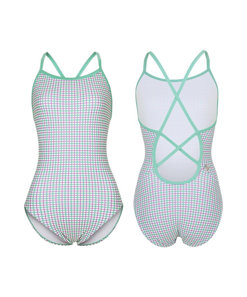 Jeteseu Women'S Power Shield Cross Deep Teardrop Back One-Piece Swimsuit Mint Grid L9A6053