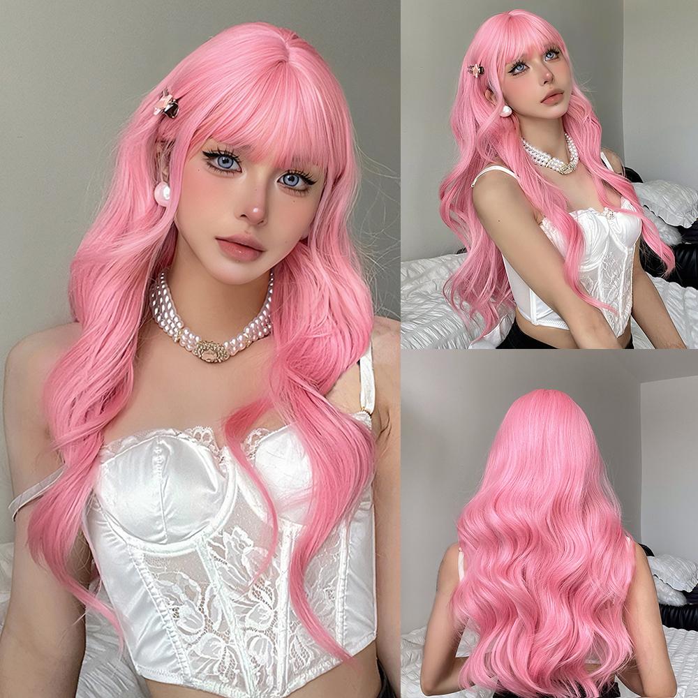 Long Blonde Wavy Synthetic Wigs with Bangs Lolita Cosplay Blonde Halloween Natural Wave Hair Wigs for White Women Heat Resistant
