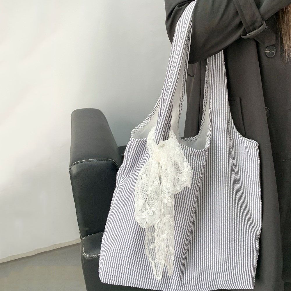 Canvas Striped Shoulder Bag Literary Style Large Capacity Underarm Bag Canvas Hobo Bag  Shopping