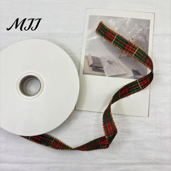 Wired Edge Ribbon for Holiday Decor Christmas Tartan Plaid with Gold Trim, Woven Fabric Ribbon, Vintage Red Crafts Green Gift Wrapping, Floral Decor,
