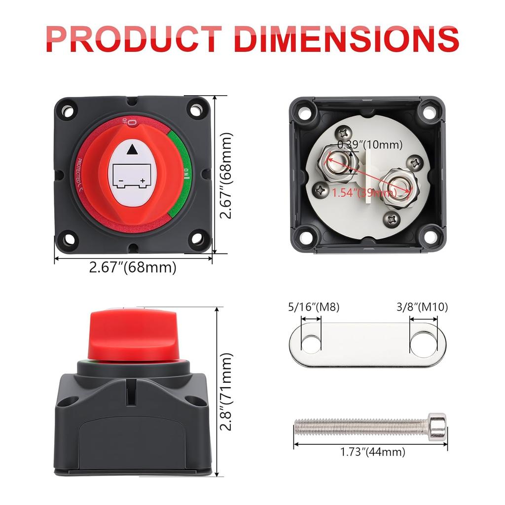 Top Post Battery Disconnect Switch, 250A 12-48V On/Off, Heavy-Duty Battery Disconnect Switch for Cars, Vehicles, RVs, and Boats