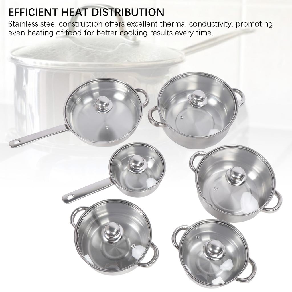 6 Pcs Stainless Steel Pots and Pans Set Even Heating Thickened Easy To Clean Cookware Set with Lids for Kitchen
