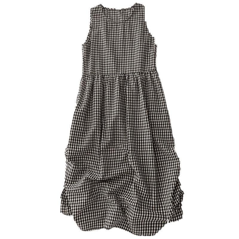 2025 Summer New Black and White Plaid Sleeveless Round Neck Cotton and Linen Dress Women's Loose and Thin Medium and Long Vest Skirt
