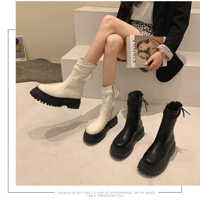 Fashion Soft Leather Thick Sole Women's Boots New Short Boots Women's Shoes Side Zipper Rider Boots Back Lace-Up Middle Boots