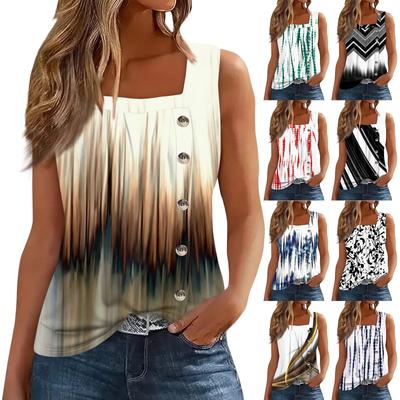 Γυναικείο Μοντέρνο Casual Basic Πλισέ Μονόχρωμο Γιλέκο με Κουμπιά και Τετράγωνο Γιακά, Αμάνικο, Στάμπα, Καλοκαιρινά Φανελάκια