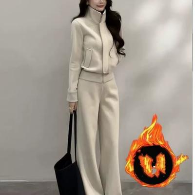 Korean Style Fleece Lined Thick Casual Sportswear Set Women Winter Stand Collar Jacket Wide Leg Pants Sweatshirt Two Piece Set