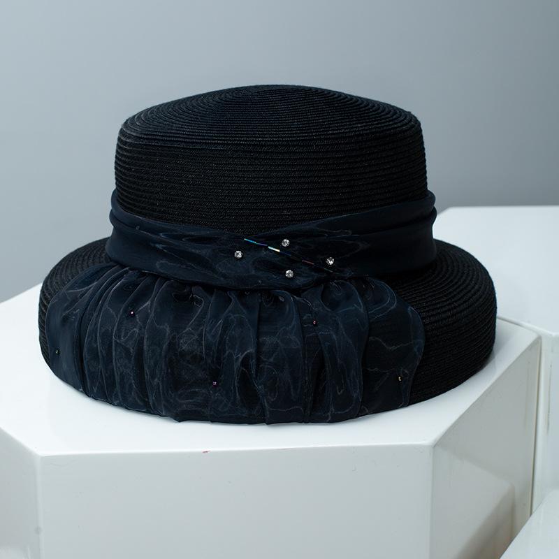 

Elegant Pearl Ribbon Straw Hat for Women, Summer Fairy Veil Bow Sun Cap, French Style Bucket Hat, Beach Vacation UV Protection Adjustable (54-58cm) чорний