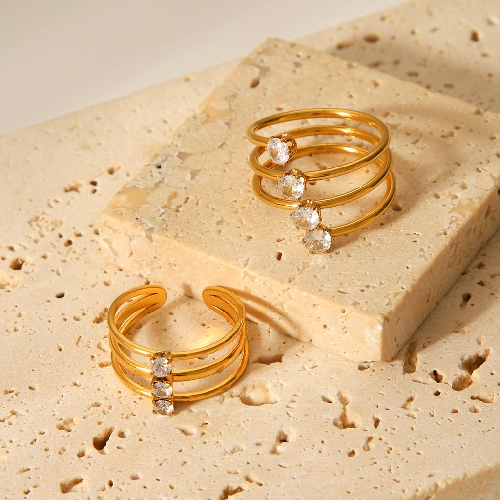 Three-layer Stainless Steel Ring Inlaid with Zircon, Light Luxury Versatile Titanium Steel Open Ring