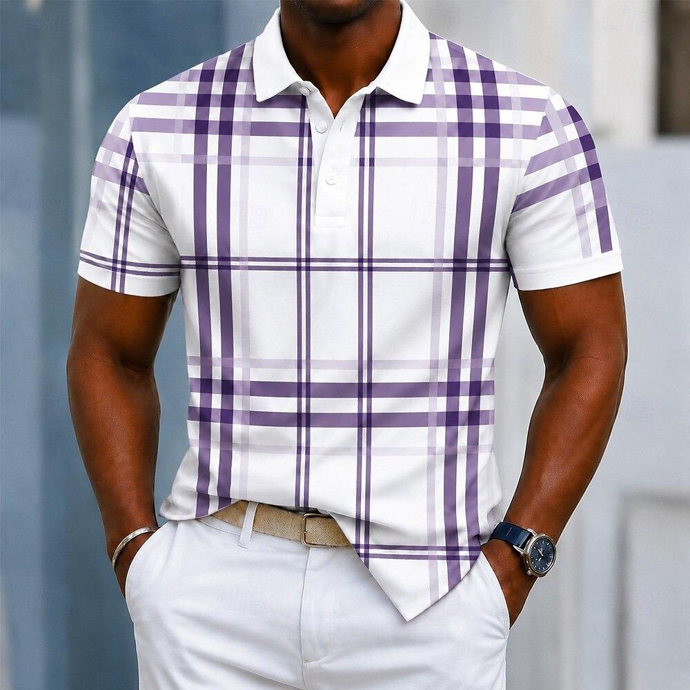 Stylish short-sleeve plaid polo shirt, versatile for casual daily wear.