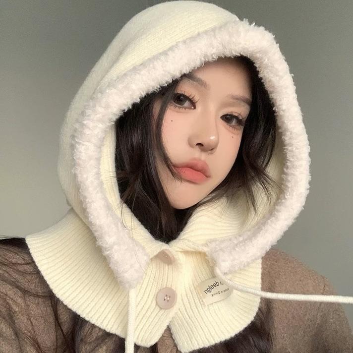 1pc Women's Drawstring Faux Collar Balaclava Hat,Outdoor Warm Knitted Face Neck Protective Hood Cape,for Winter Cold Protection