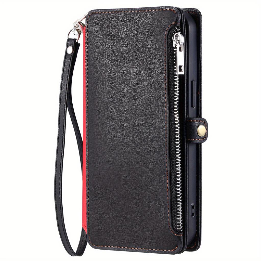 Wallet Leather Flip Case for iPhone 16E 16 Pro Max 15 14 Plus 13 12 11 Wrist Strap Zipper Handbag Card Slot Stand Book Cover