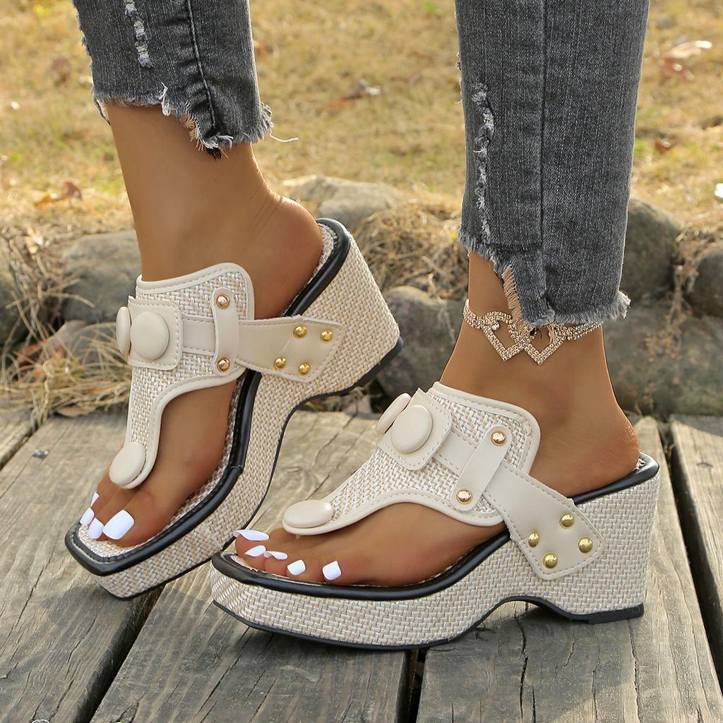 Large Toe Wedge Sandals, Summer New Style, Thick Heel, Metal Buckle Slippers, Beach Sandals